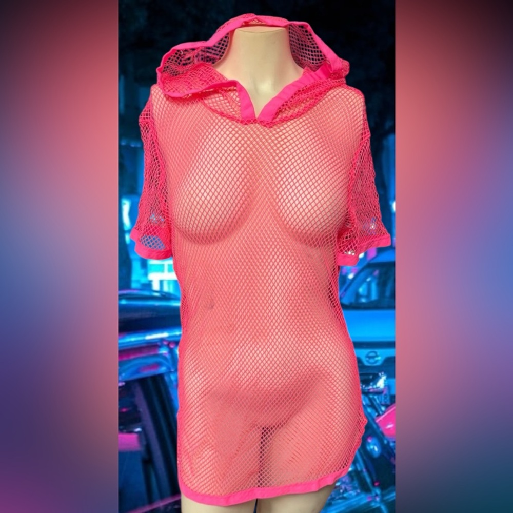 WDIRARA unisex size large mesh swimsuit cover-up hoodie shirt neon hot pink new